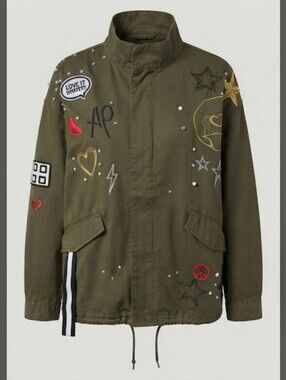NWT SCRIPTED Olive Green Utility Cargo Jacket Patches Studs Military Size L $175